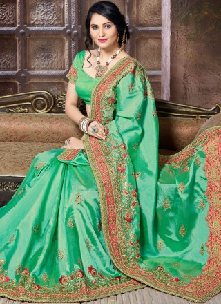 Crepe Silk Green Zari Work Traditional Designer Saree