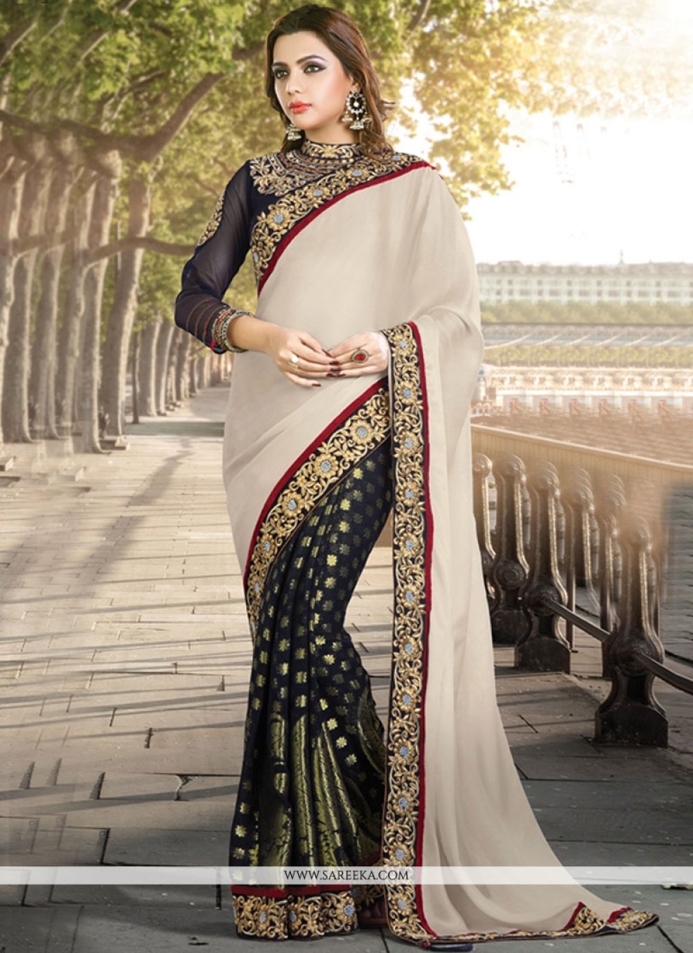 Grey Silk Patch Border and Embroidered Work Contemporary Saree for Women