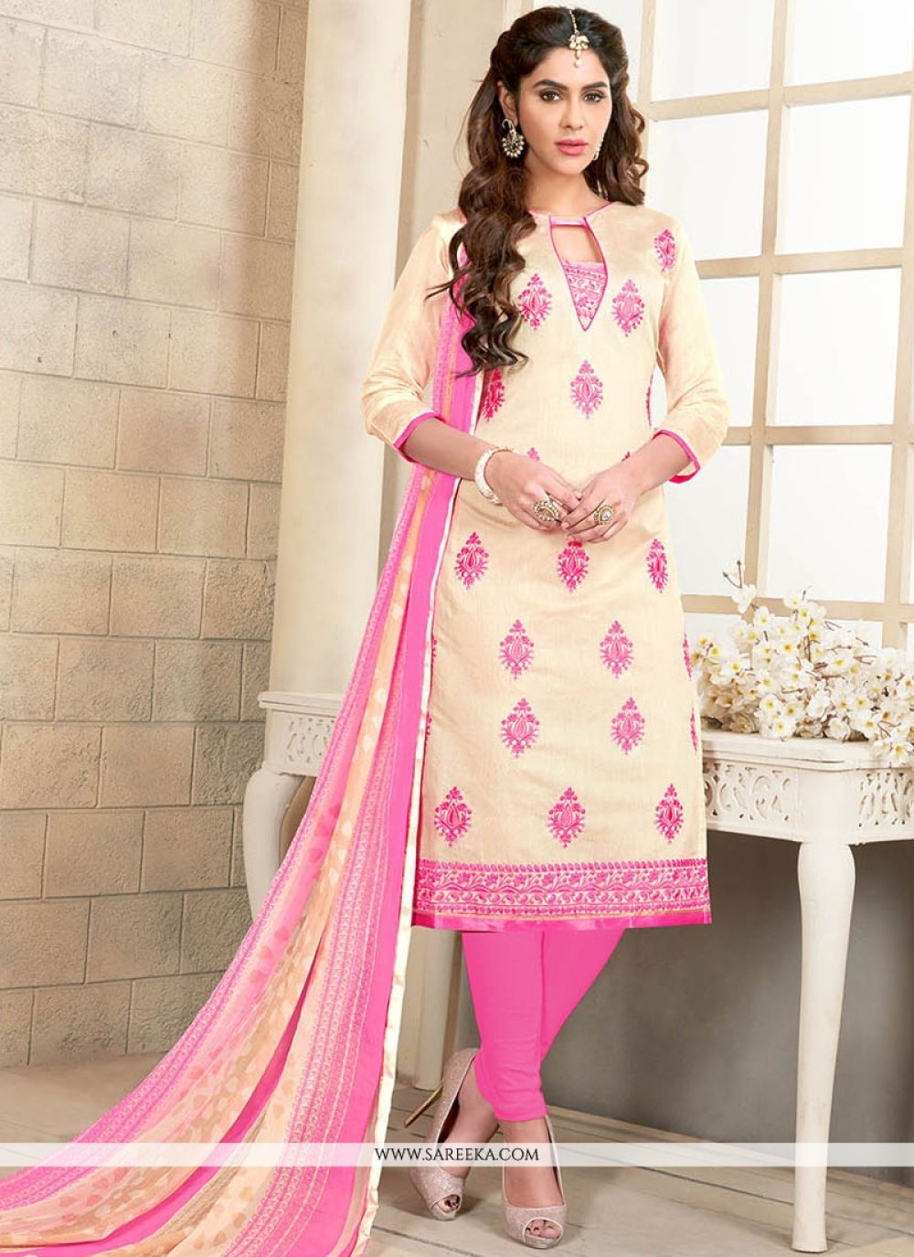 Buy Embroidered Work Chanderi Cotton Pink Churidar Suit Online at ...