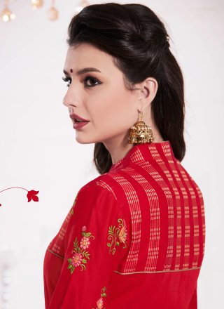 Resham Work Cotton   Red Churidar Suit