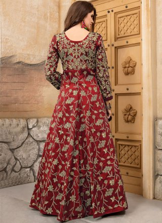 Tafeta silk Embroidered Work Floor Length Anarkali Suit 