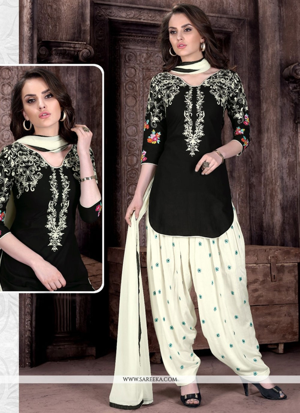 Buy Embroidered Work Cotton Black and White Patiala Suit Online : USA