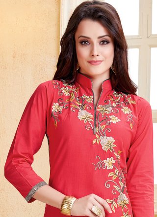 Embroidered Work Red Cotton   Churidar Suit