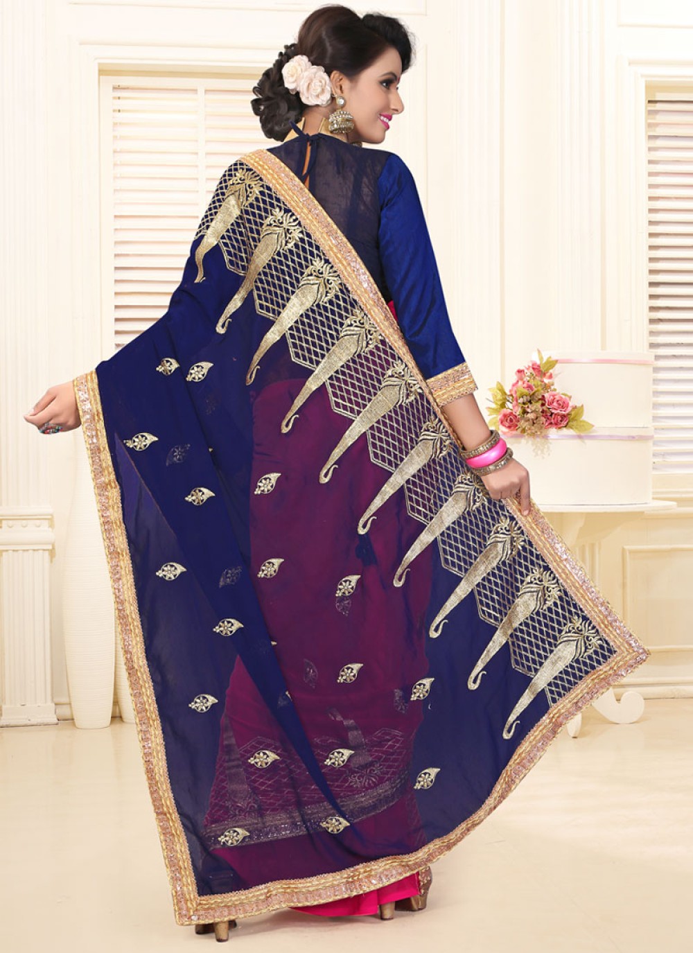 Buy Faux Georgette Hot Pink and Navy Blue Saree Online : 53014