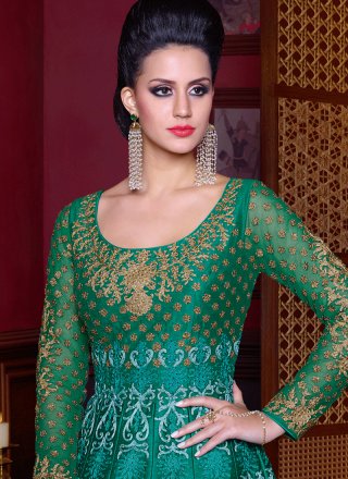 Diamond Work Green Art Silk Floor Length Anarkali Suit