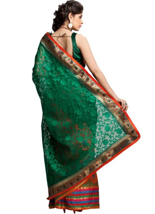 Chanderi Green and Orange Designer Traditional Saree