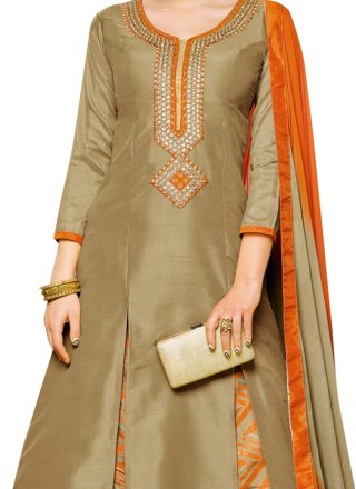 Beige and Orange Embroidered Work Tafeta silk Long Length Anarkali Salwar Suit