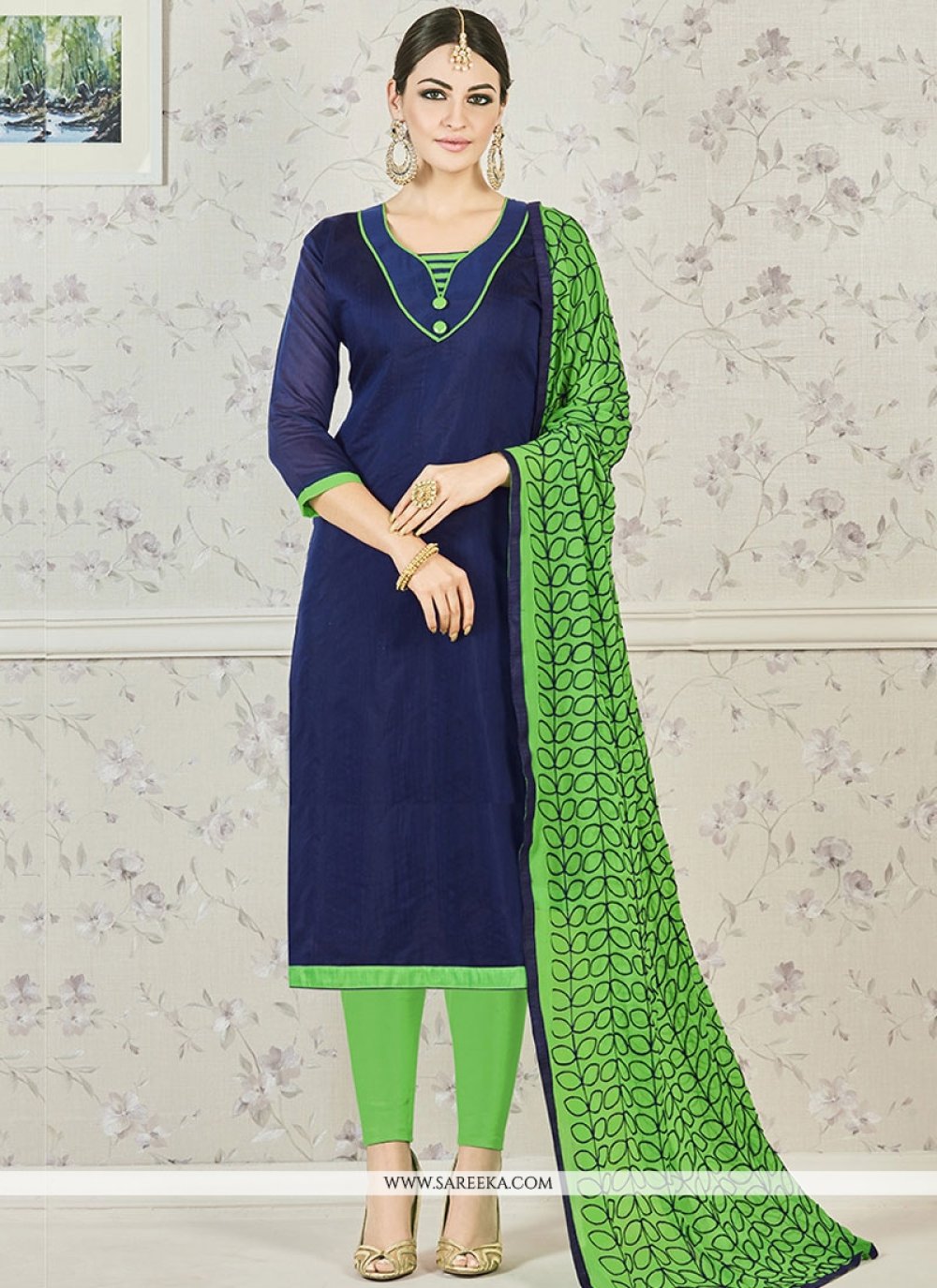Buy Green and Navy Blue Print Work Chanderi Cotton Churidar Suit ...