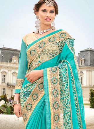 Turquoise Embroidered Work Chiffon Satin Classic Designer Saree