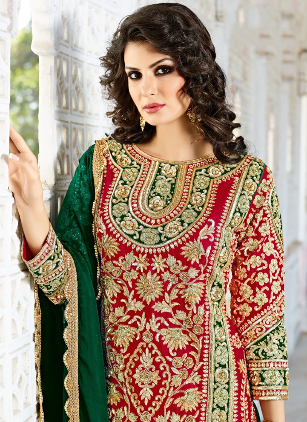 Buy Green and Red Designer Patiala Salwar Kameez Online : New Zealand