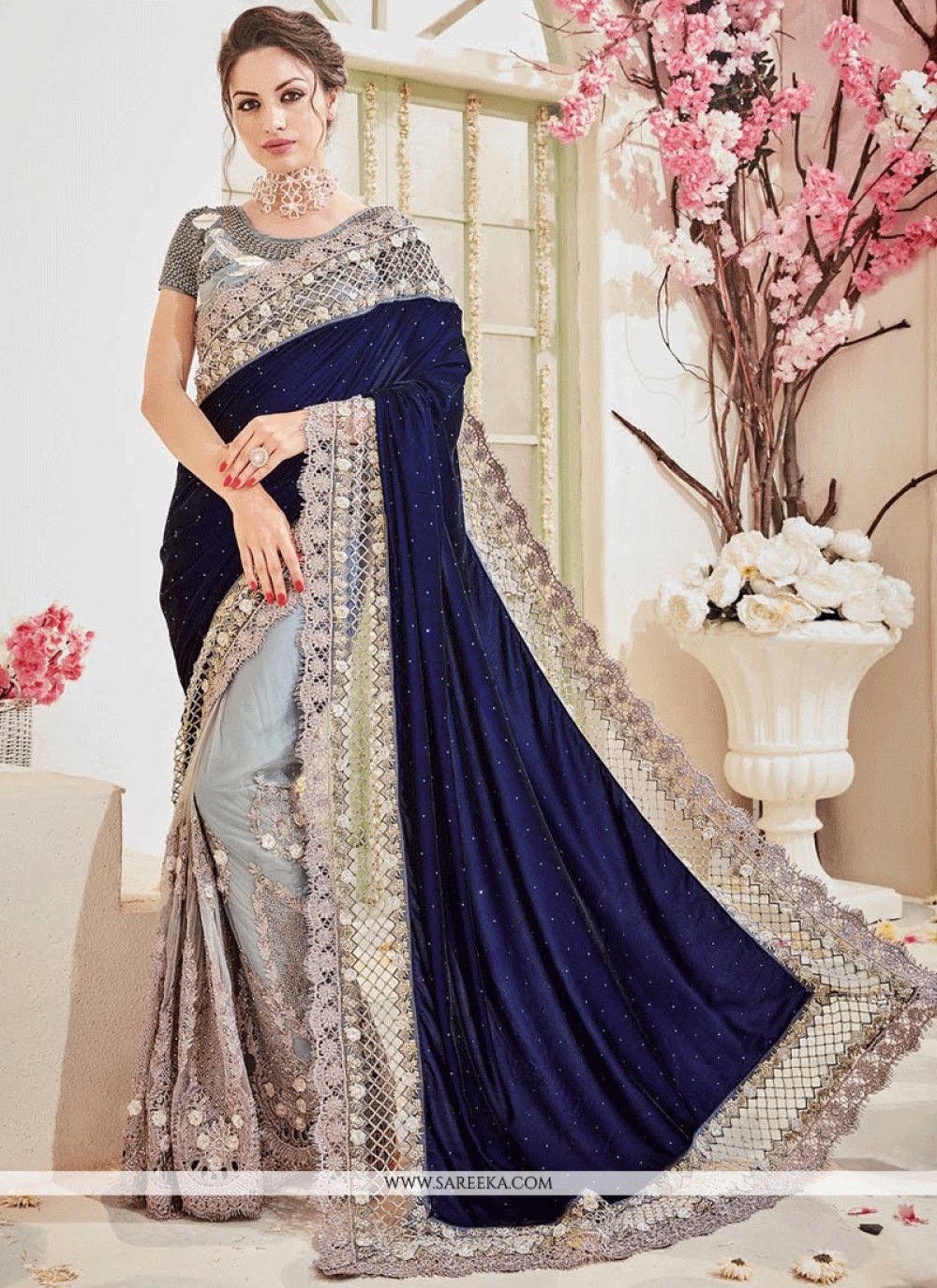 Buy Velvet Blue And Grey Half N Half Designer Saree