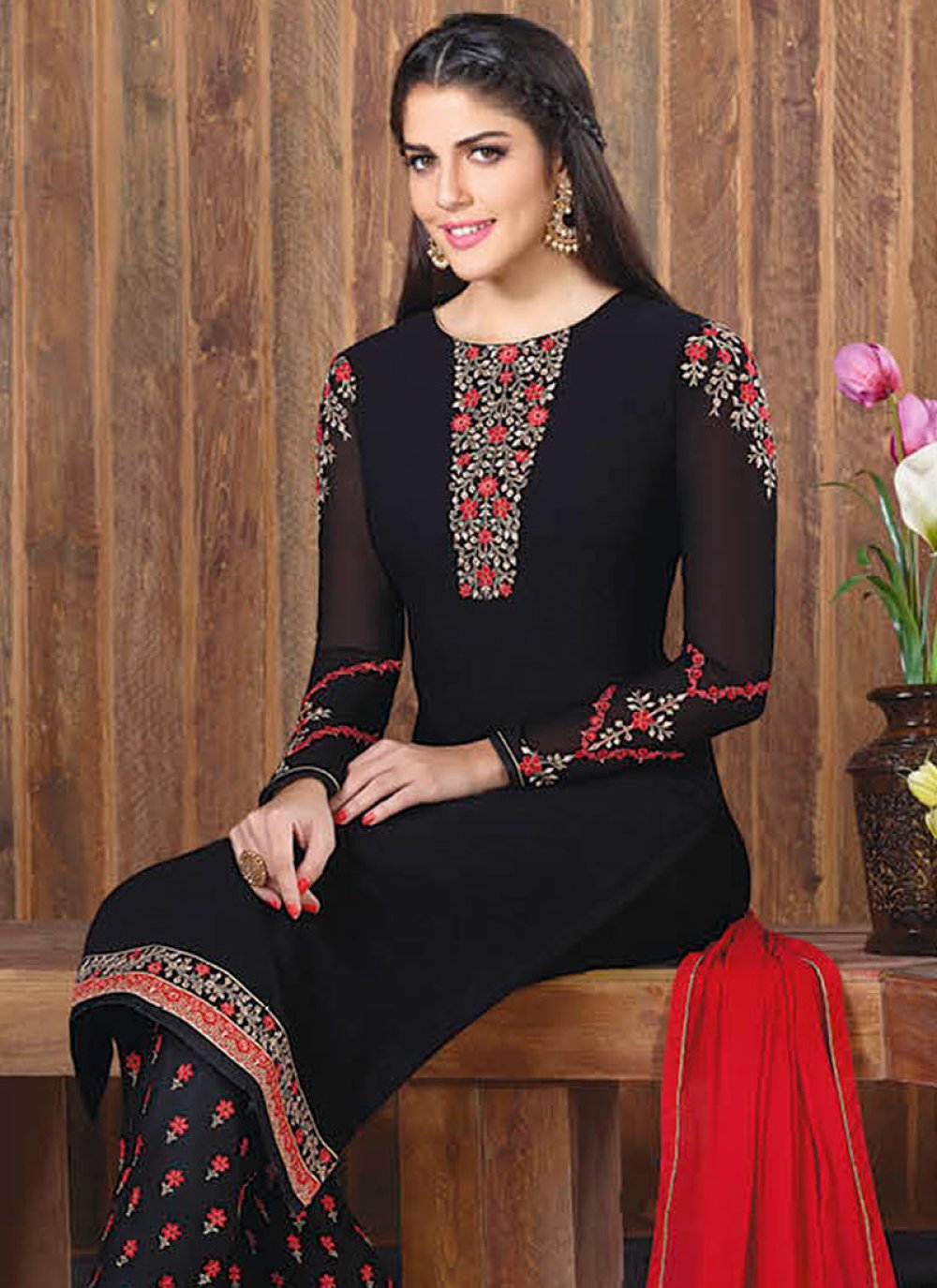 Buy Black and Red Designer Palazzo Suit Online at best price