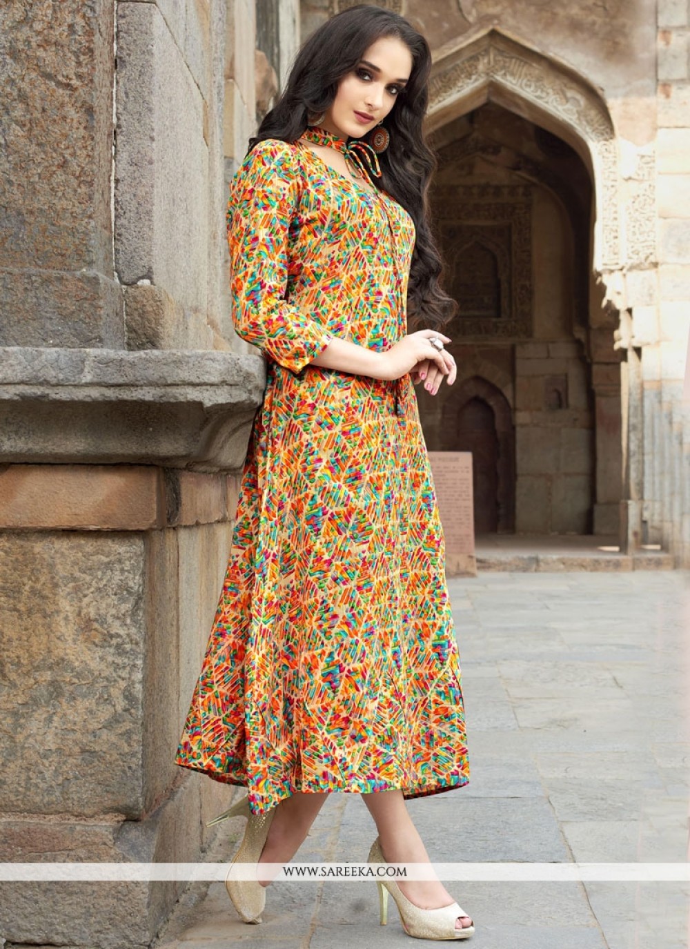 DARK YELLOW PRINTED COTTON CUSTOM STITCHED KURTI - KURTA - KAMEEZ UPTO