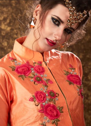 Zari Art Silk Readymade Churidar Suit in Peach