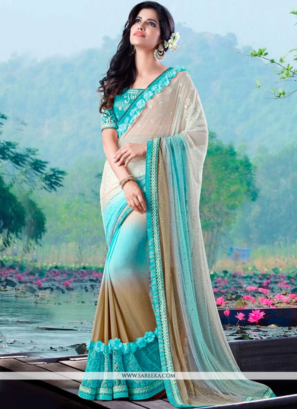 Buy Blue Net Classic Designer Saree Online : 51846