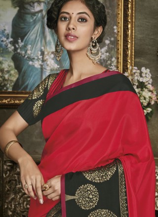 Abstract Print Work Red Cotton Silk Traditional  Saree