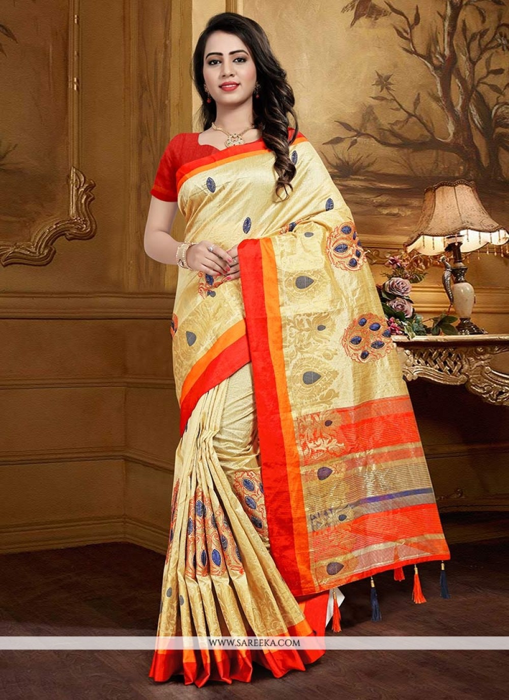 Art Silk Beige Weaving Work Traditional Designer Saree