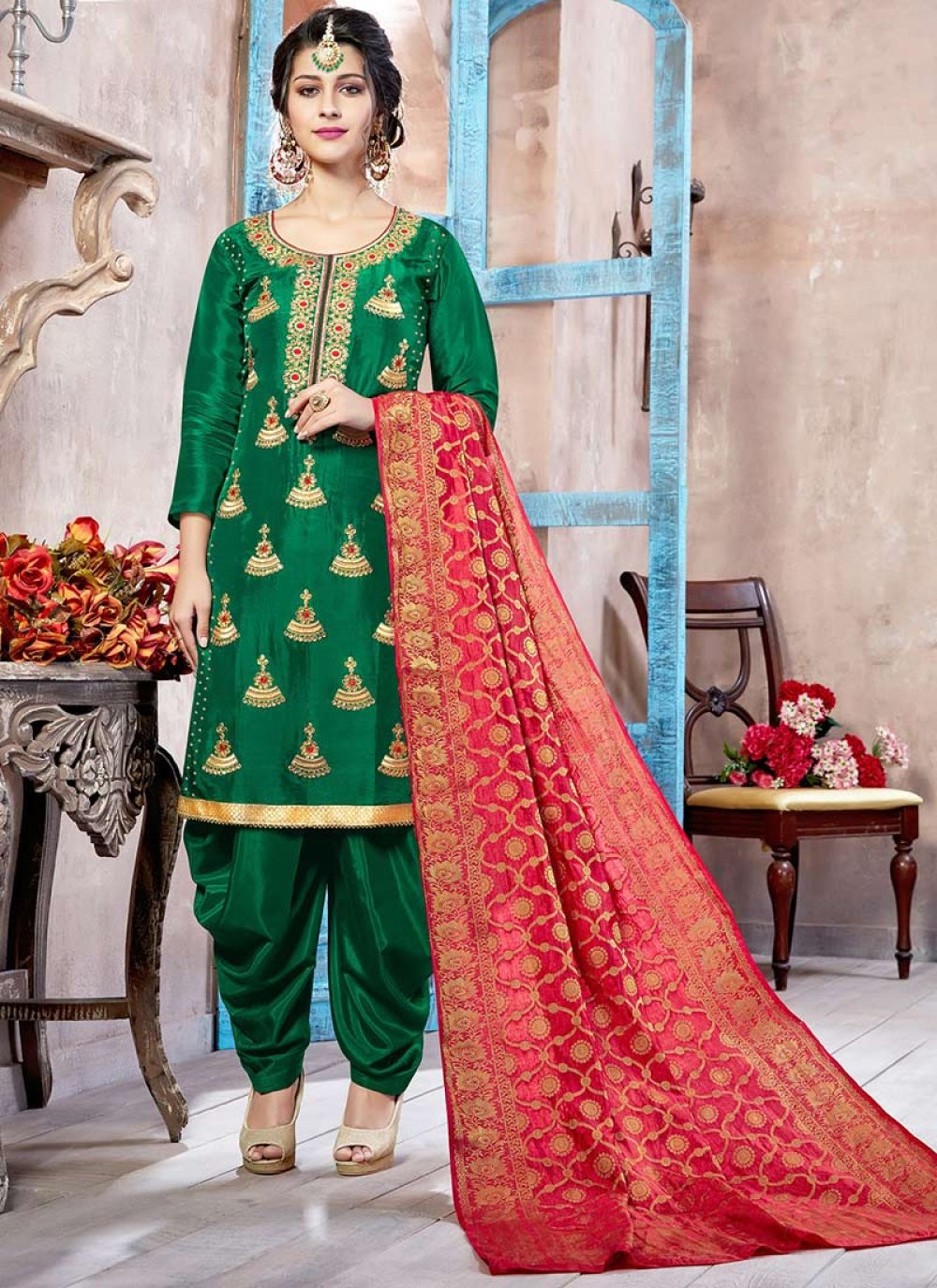 art silk green punjabi suit 82164