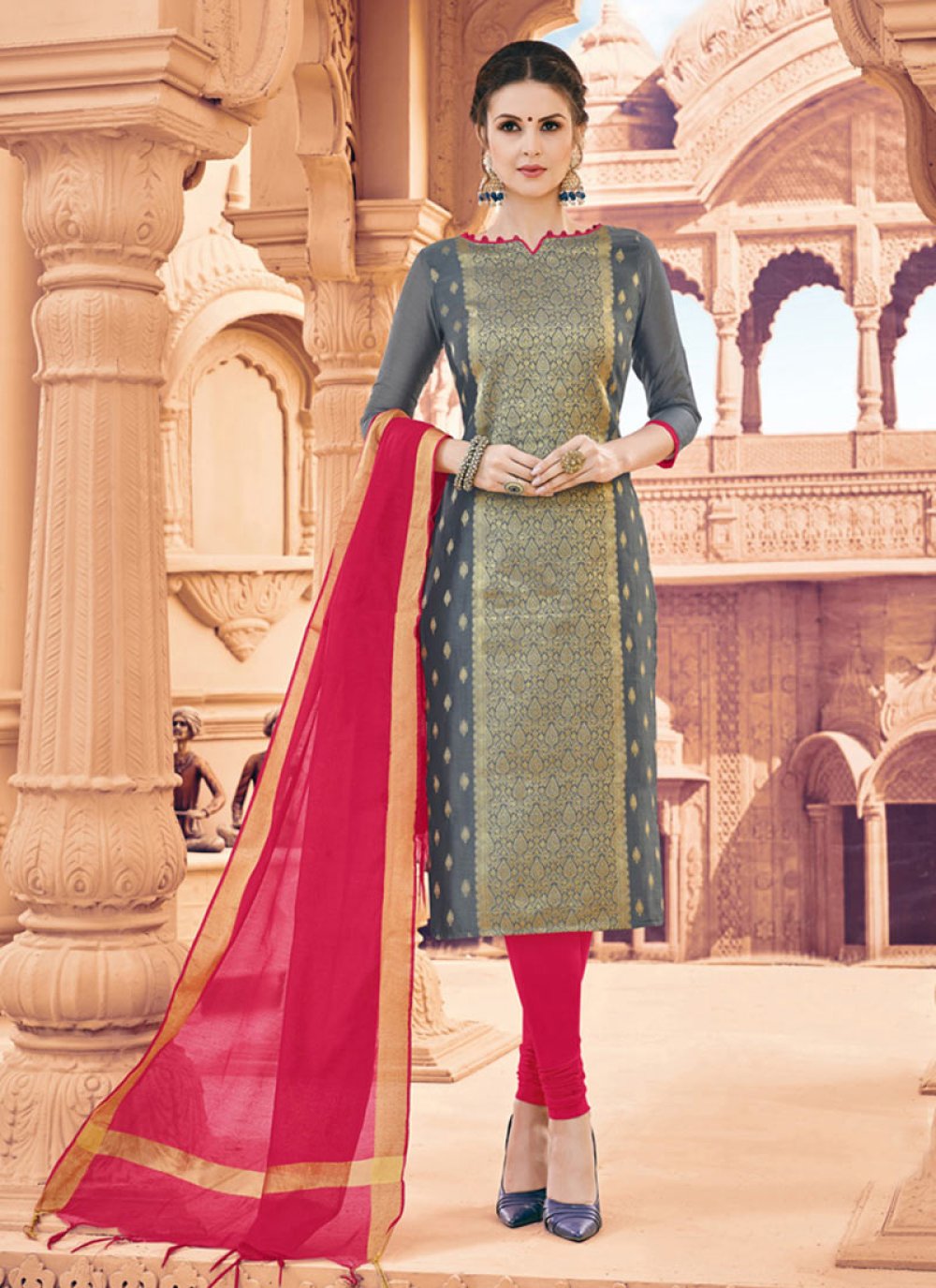 Shop Art Silk Grey woven Work Churidar Designer Suit Online 79537