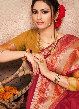 Art Silk Maroon Woven Traditional Saree