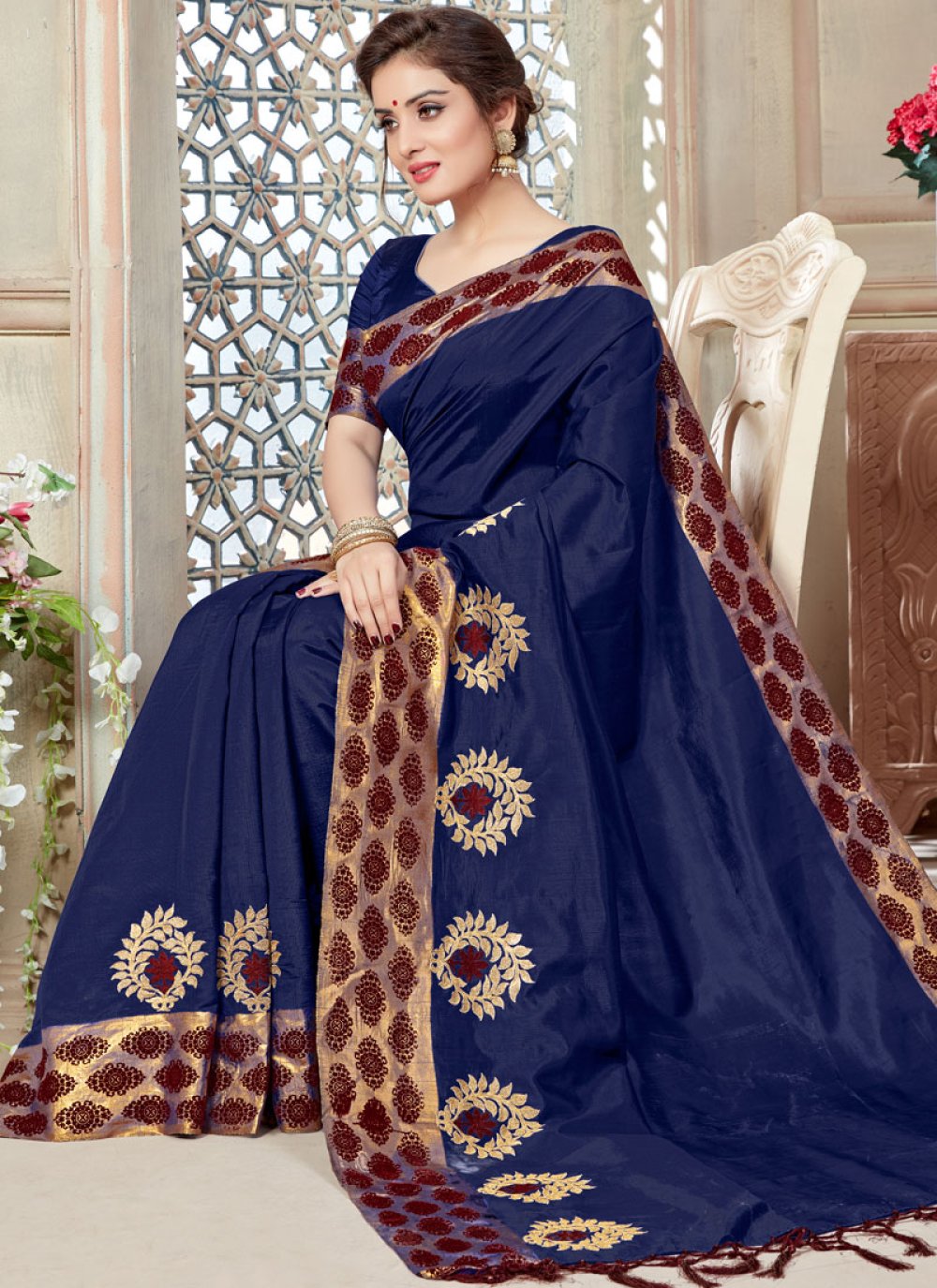 Shop Art Silk Navy Blue Designer Traditional Saree Online : 79251