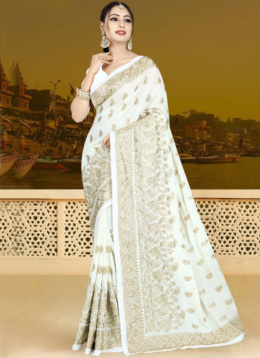 Art Silk Resham White Traditional Saree buy online