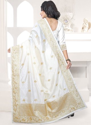 Art Silk White Embroidered Work Designer Traditional Saree