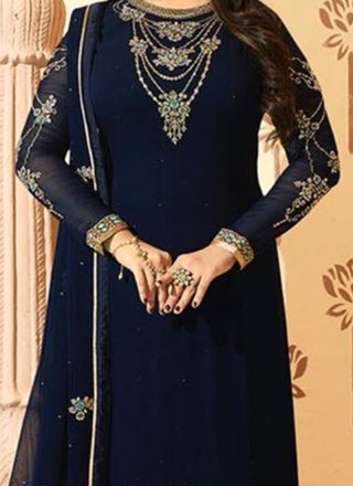 Ayesha Takia Faux Georgette Embroidered Work Blue Pant Style Suit