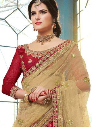 Banarasi Silk Beige and Red Lehenga Choli