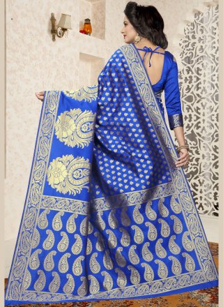 Banarasi Silk Blue Abstract Print Work Traditional  Saree