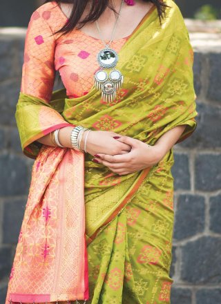 Banarasi Silk Green and Peach Classic Saree