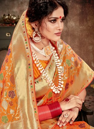 Banarasi Silk Orange Weaving Work Traditional Designer Saree