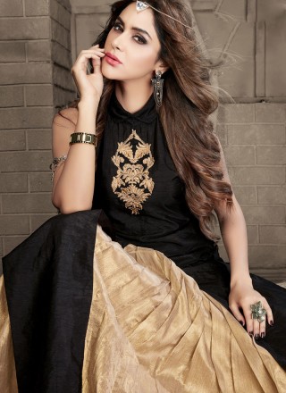 Beige and Black Resham Work Banarasi Silk Designer Suit