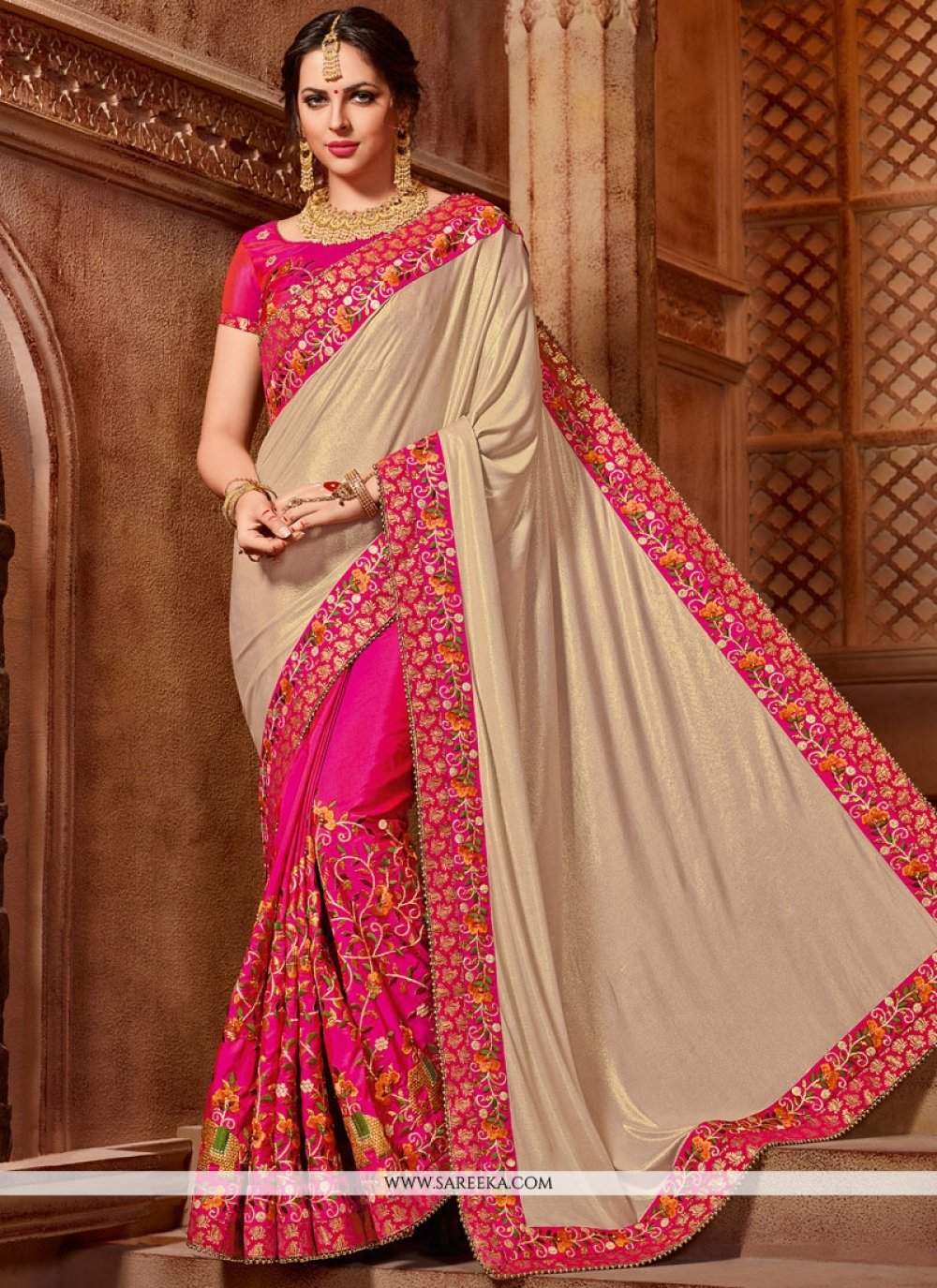 Buy Beige and Hot Pink Half N Half Designer Saree : 76177