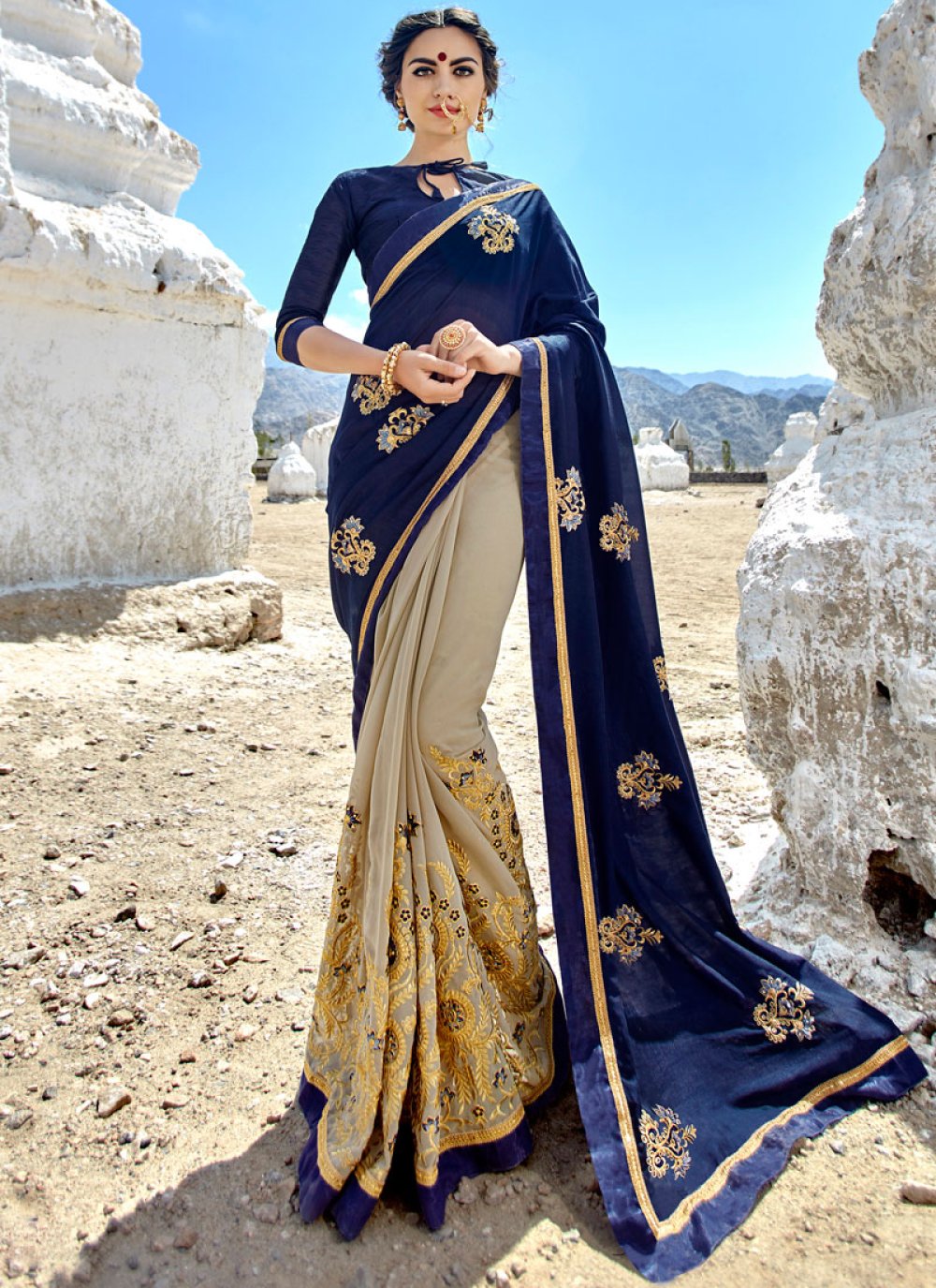 Navy Blue Silk Half N Half Saree 261087