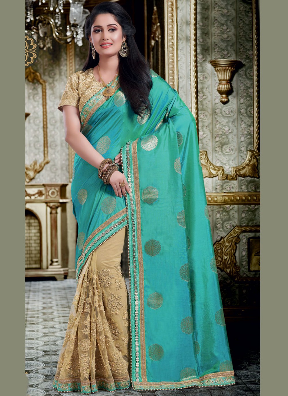 Light green banarasi silk half n half saree 5210