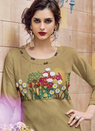 Beige Embroidered Work Rayon Party Wear Kurti