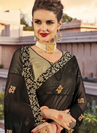 Black and Grey Embroidered Work Bollywood Saree