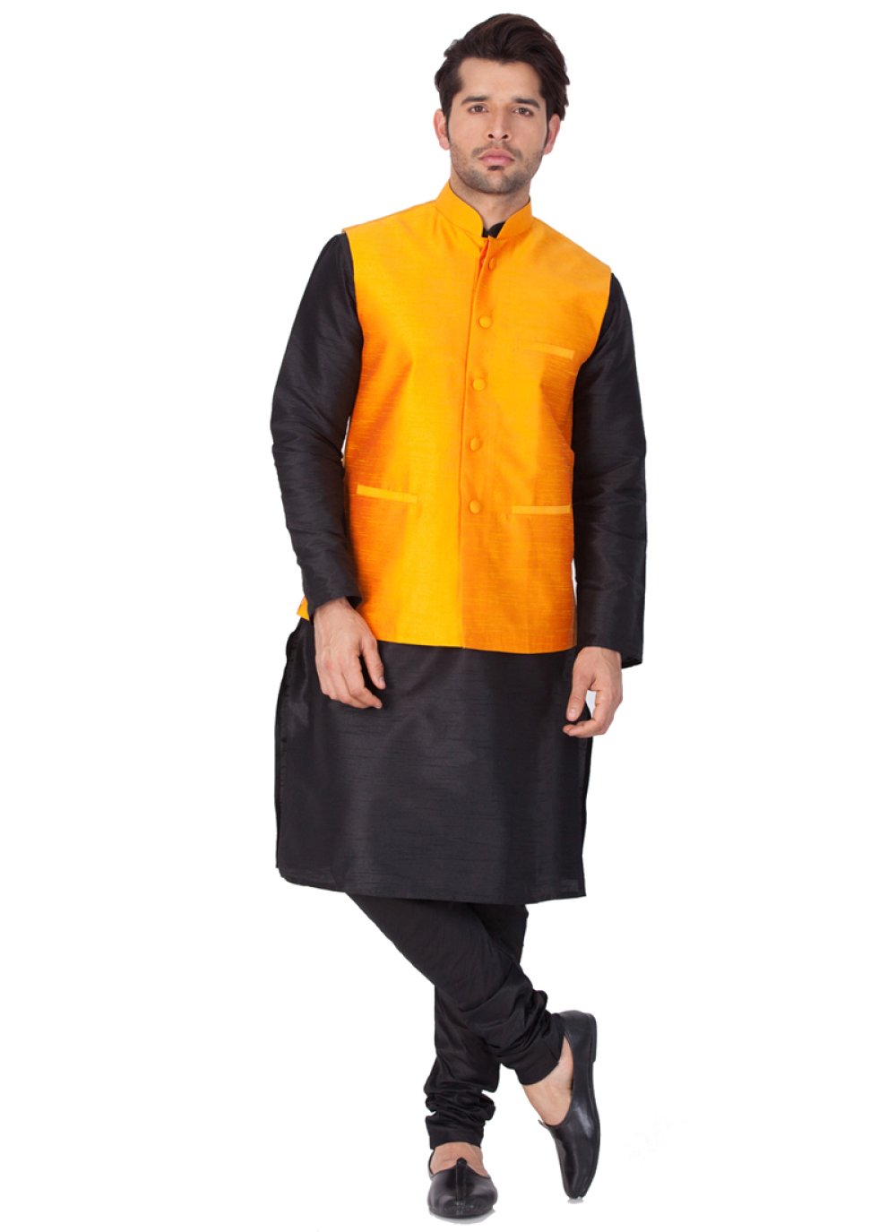 Black and Orange Cotton Silk Kurta Pyjama buy online
