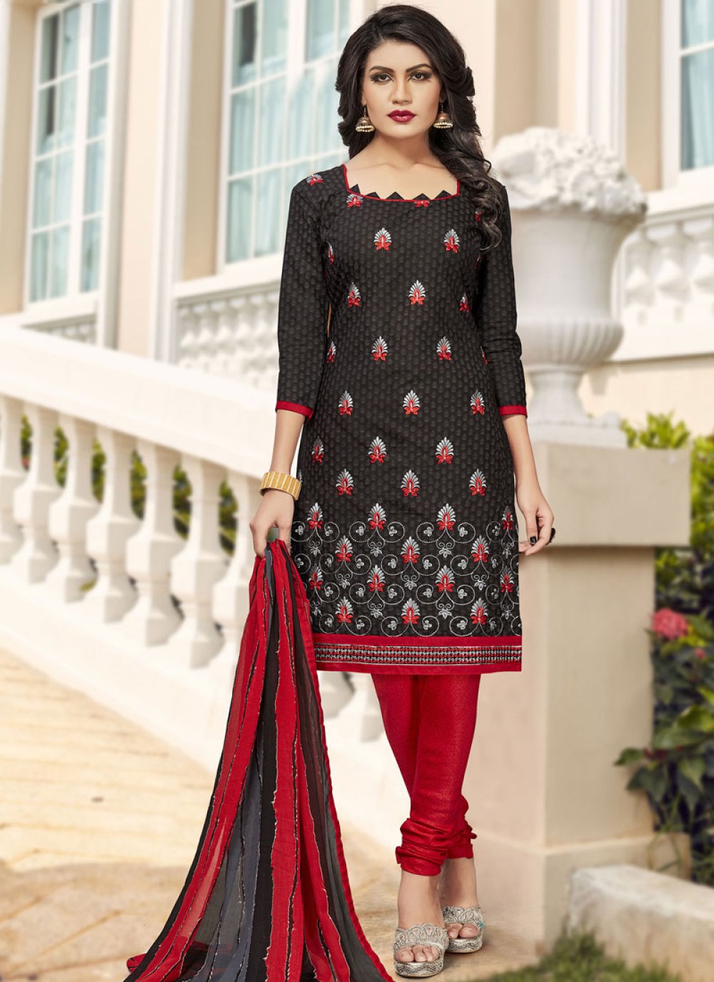 Buy Print Work Black Cotton Churidar Suit | Churidar Salwar Suits