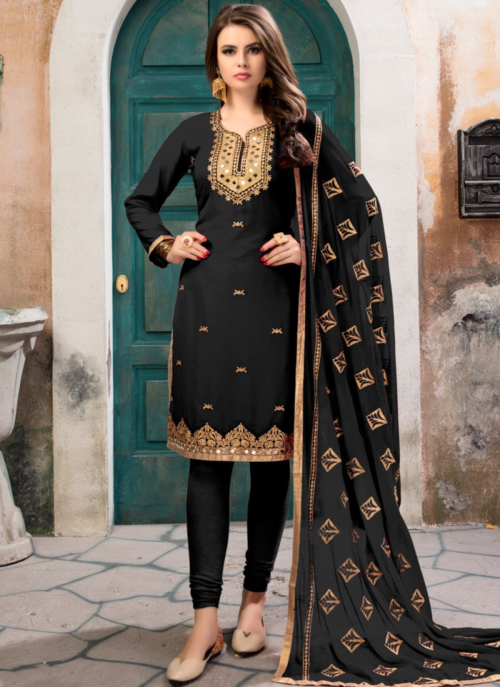 black churidar with mirror work