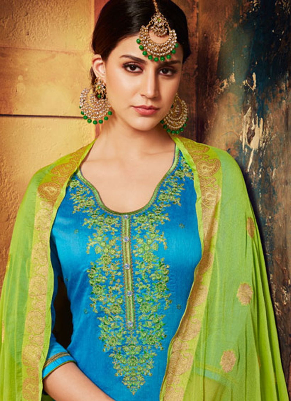 Shop Blue And Green Party Chanderi Punjabi Suit Online : 88953