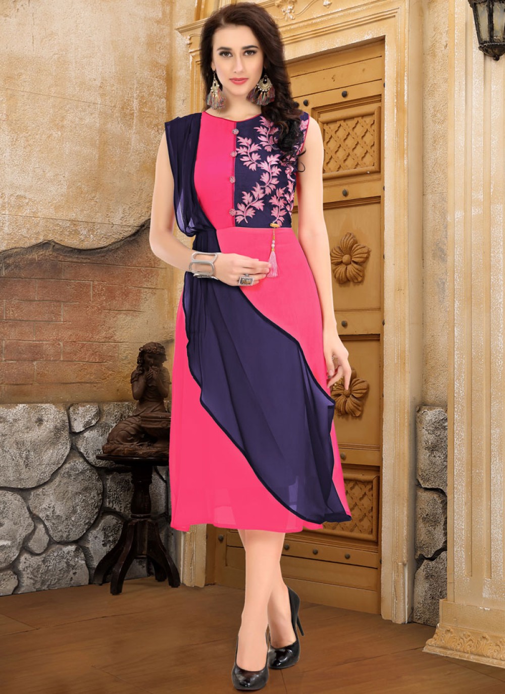 Blue and Hot Pink Faux Georgette Party Party Wear Kurti