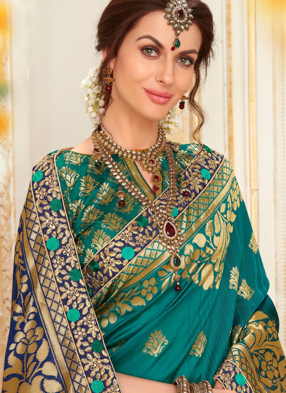 Buy Blue and Sea Green Zari Work Jacquard Silk Designer Traditional ...