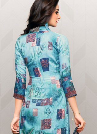 Blue Cotton   Embroidered Designer Palazzo Suit