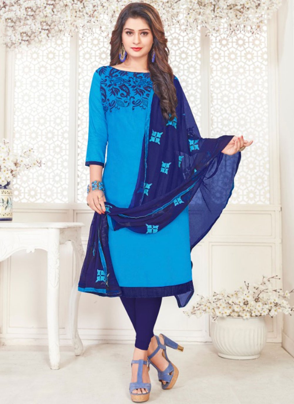 Buy Blue Cotton Satin Embroidered Churidar Suit 96384 Casual Salwar Suits