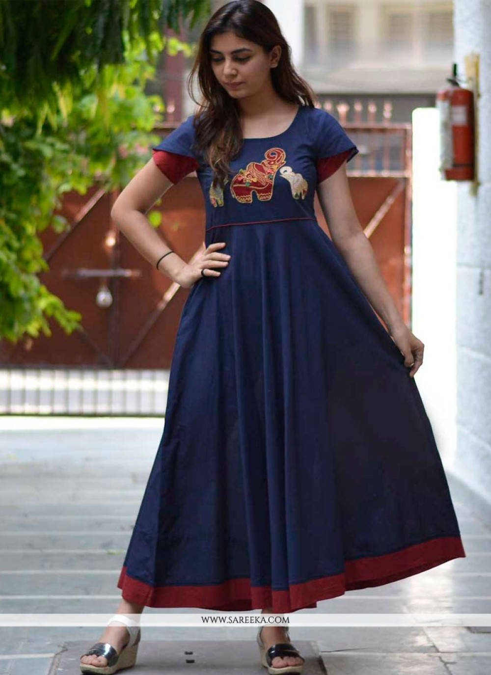 Blue Embroidered Work Cotton   Party Wear Kurti