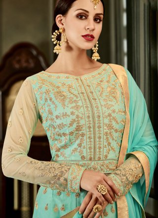 Turquoise Net Floor Length Anarkali Suit