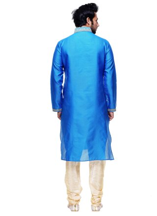 Blue Plain Work Silk Kurta Pyjama