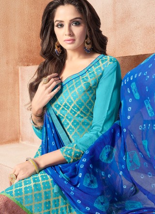 Blue Printed Work Banarasi Silk Churidar Salwar Suit